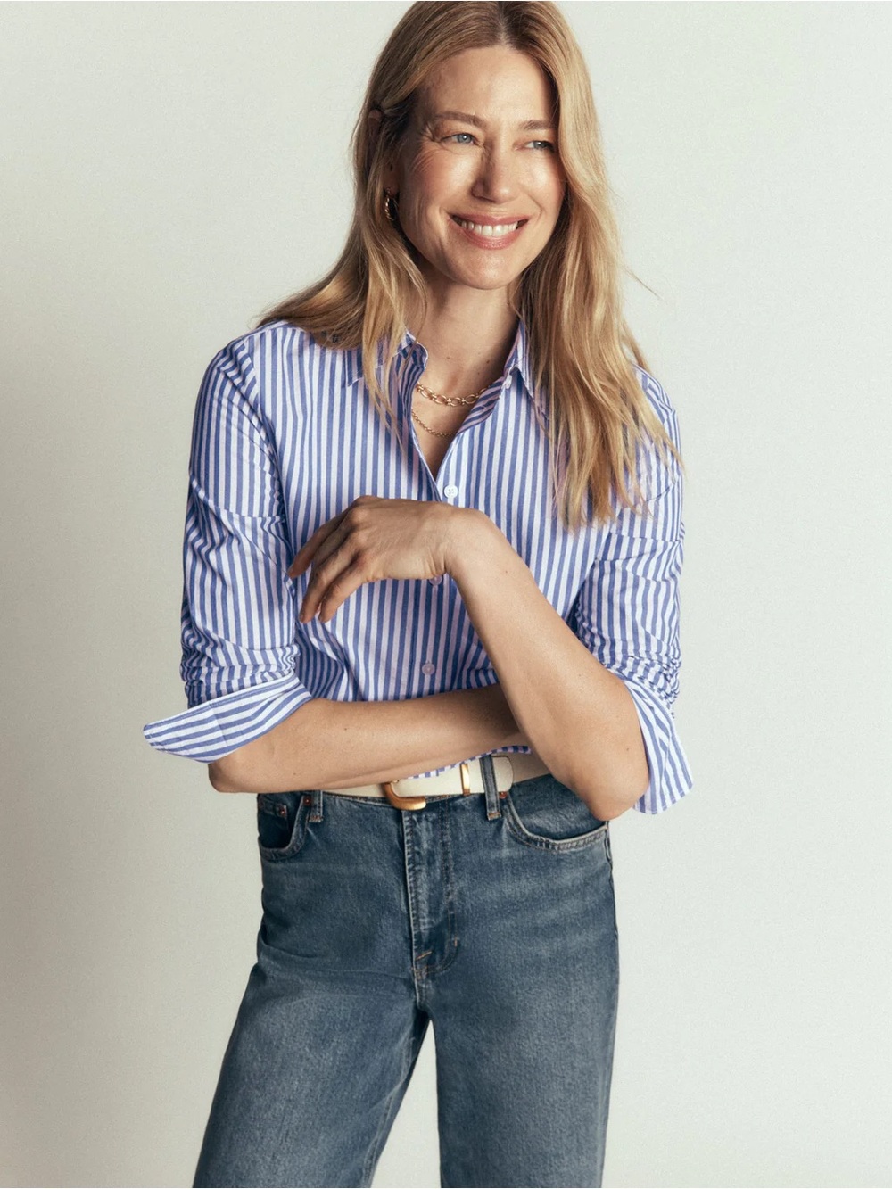 Boden The New Sienna Cotton Blue and White Striped Button-Down Shirt